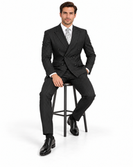 Banker Collection-Men's Double Breasted Pinstripe Black Suit