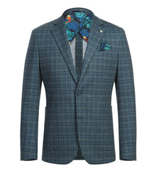 Half Canvas Slim Fit Blazer in Green Blue Check