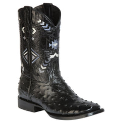 Mens Black Ostrich Print Boots Square Toe - El General