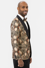 Men's Rust Geometric Pattern Tuxedo with Vest & Bowtie β One Button Formal Suit