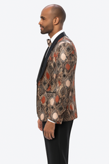 Men's Rust Geometric Pattern Tuxedo with Vest & Bowtie β One Button Formal Suit