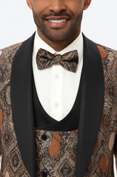 Men's Rust Geometric Pattern Tuxedo with Vest & Bowtie – One Button Formal Suit