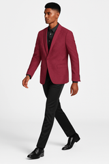 Burgundy paisley slim fit tuxedo jacket – men's wedding & prom blazer with satin shawl lapel
