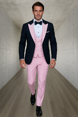 Men’s Black and Pink Wool Tuxedo – Designer Vested Tuxedo with Contrast Satin Peak Lapel for Wedding & Prom