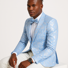 Men's slim fit sky blue & silver paisley foil print tuxedo dinner jacket for prom & wedding
