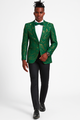 Men's slim fit hunter green and gold paisley prom and wedding tuxedo jacket
