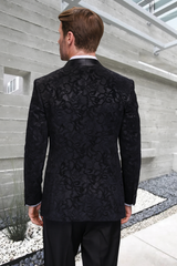 Men's Black Paisley Velvet Smoking Jacket Tuxedo with Vested Double Breasted Prom & Wedding Suit