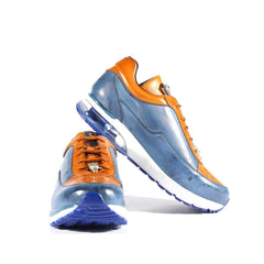 Belvedere Flash Men's Shoes Blue Safari & Almond Exotic Ostrich / Calf-skin Leather Casual Sneakers