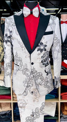 Mens White Floral Tuxedo with Black Lapel β 3-Piece Designer Prom Suit Wedding Suit