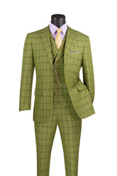 La Scale Collection-Windowpane Three Piece Suit - Moss Green