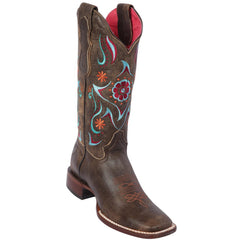 flowered embroidered brown square toe cowgirl boot