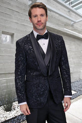 Men's Black Paisley Velvet Smoking Jacket Tuxedo with Vested Double Breasted Prom & Wedding Suit
