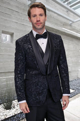 Men's Black Paisley Velvet Smoking Jacket Tuxedo with Vested Double Breasted Prom & Wedding Suit