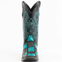 Ferinni Boot - Mens Dress Cowboy Boot - Ferrini Men's Patchwork Square Toe Boots Handcrafted in Black/Teal Color
