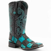 Ferinni Boot - Mens Dress Cowboy Boot - Ferrini Men's Patchwork Square Toe Boots Handcrafted in Black/Teal Color