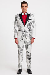 Mens White Floral Tuxedo with Black Lapel β 3-Piece Designer Prom Suit Wedding Suit