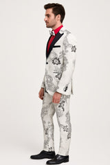 Mens White Floral Tuxedo with Black Lapel β 3-Piece Designer Prom Suit Wedding Suit