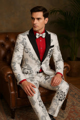 Mens White Floral Tuxedo with Black Lapel β 3-Piece Designer Prom Suit Wedding Suit