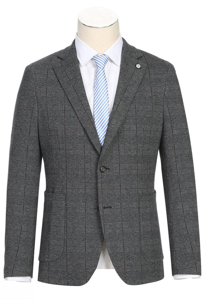 Pelago Men's Charcoal Grey Summer Blazer in Windowpane Plaid - Slim Fit, Half Canvas Patch Pocket - USA Men's Outlet