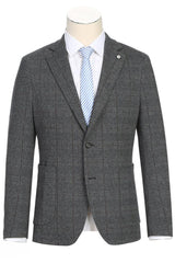 Pelago Men's Charcoal Grey Summer Blazer in Windowpane Plaid - Slim Fit, Half Canvas Patch Pocket - Elegant Mensattire