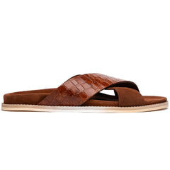 Zelli Rena Sueded Goatskin & Embossed Crocodile Slide in Cognac