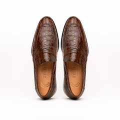 Zelli Roma Genuine Caiman Crocodile Penny Loafers in Cognac