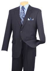 Mens Modern Fit 2 Button No Pleated Flat Front Pants Pinstripe Suit in Navy