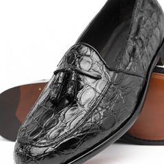 Zelli Franco Tassel Loafers in Genuine Caiman Crocodile - Black