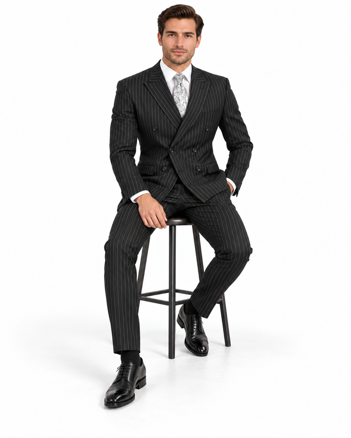 Banker Collection-Men's Double Breasted Pinstripe Black Suit