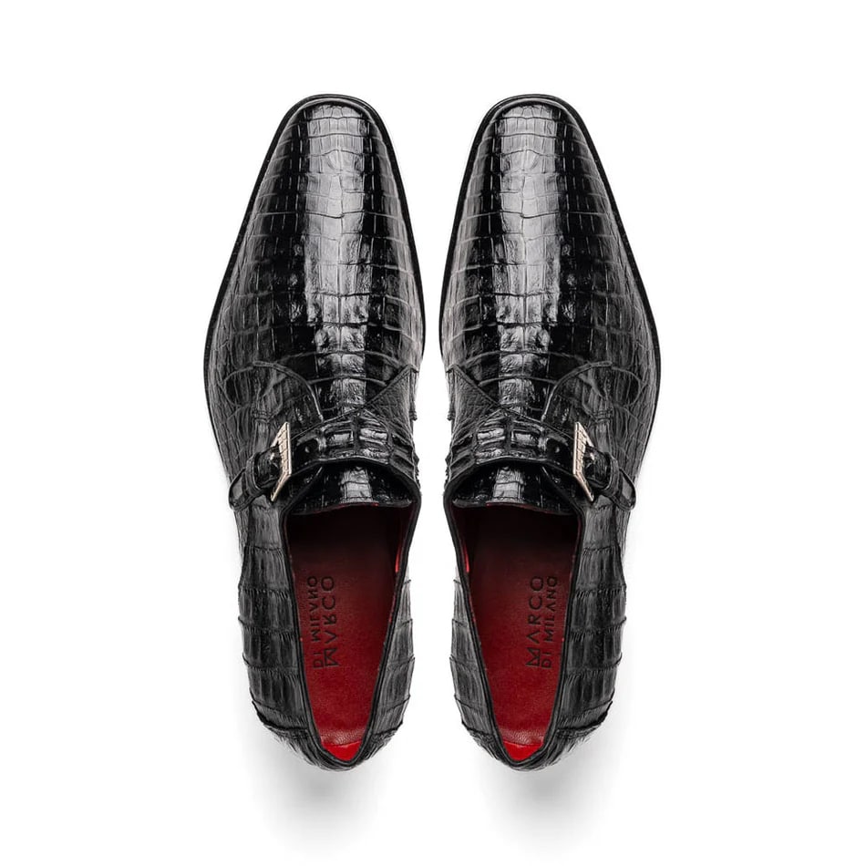 Marco Di Milano Rovigo Men' Shoes Black Genuine Caiman Crocodile Dress Single Monk-strap Loafers