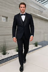 Men's Black Paisley Velvet Smoking Jacket Tuxedo with Vested Double Breasted Prom & Wedding Suit