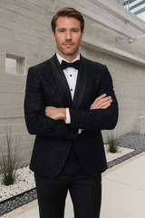 Men's Black Paisley Velvet Smoking Jacket Tuxedo with Vested Double Breasted Prom & Wedding Suit