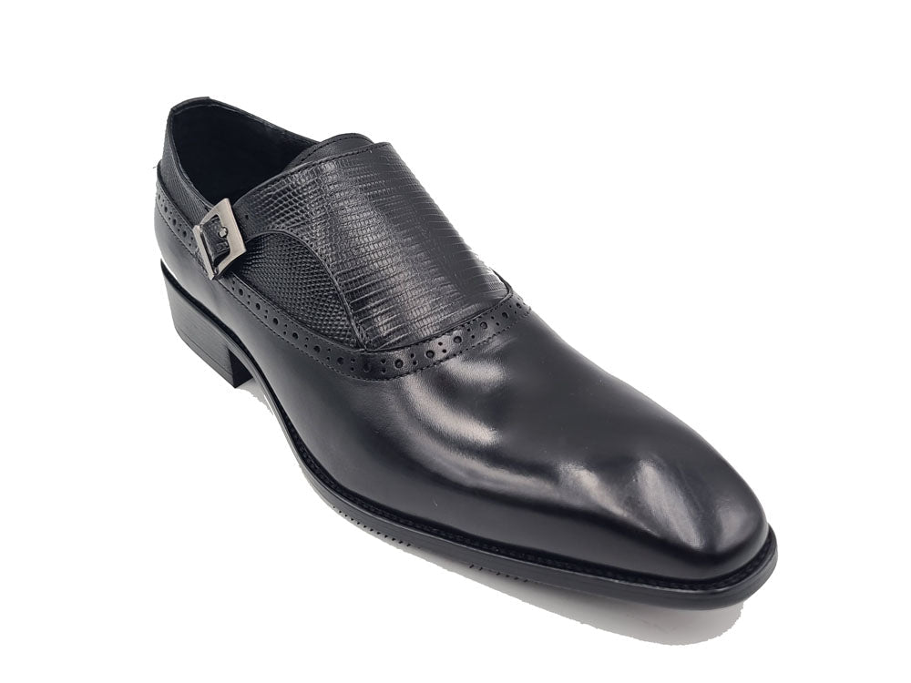 Plain Toe Single Monk Loafer With Embossed Lizard Calf Leather