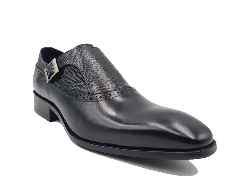 Plain Toe Single Monk Loafer With Embossed Lizard Calf Leather