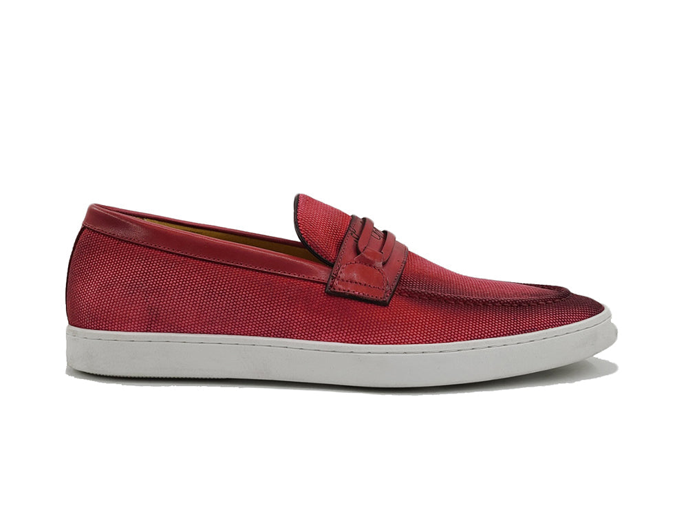 Embossed Leather Strap Linen Sneaker