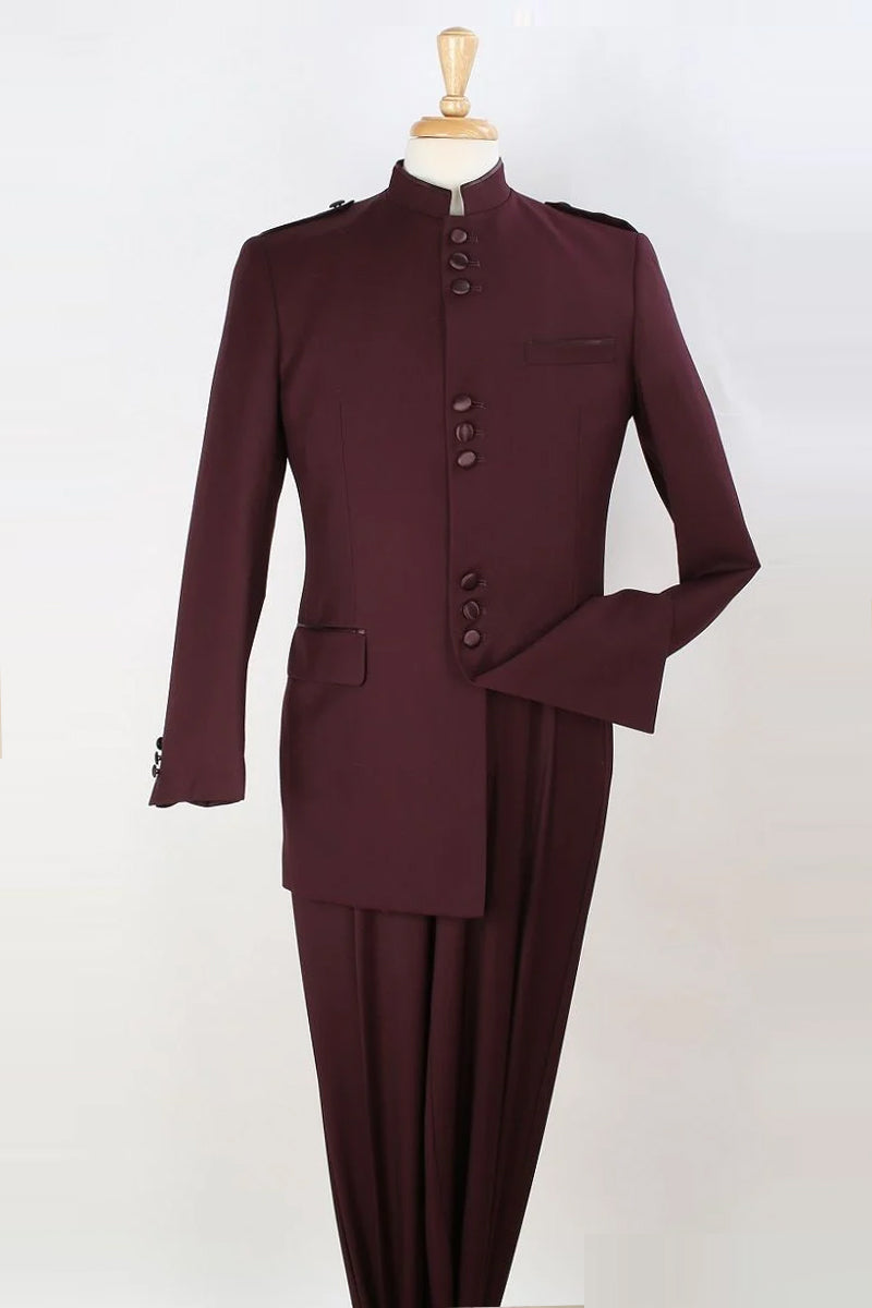 Apollo King Burgundy Mandarin Collar Safari Suit
