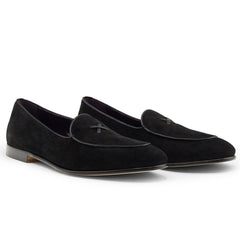 Zelli Hand-Stitched Sueded Goatskin Loafer with Crocodile Vamp in Black