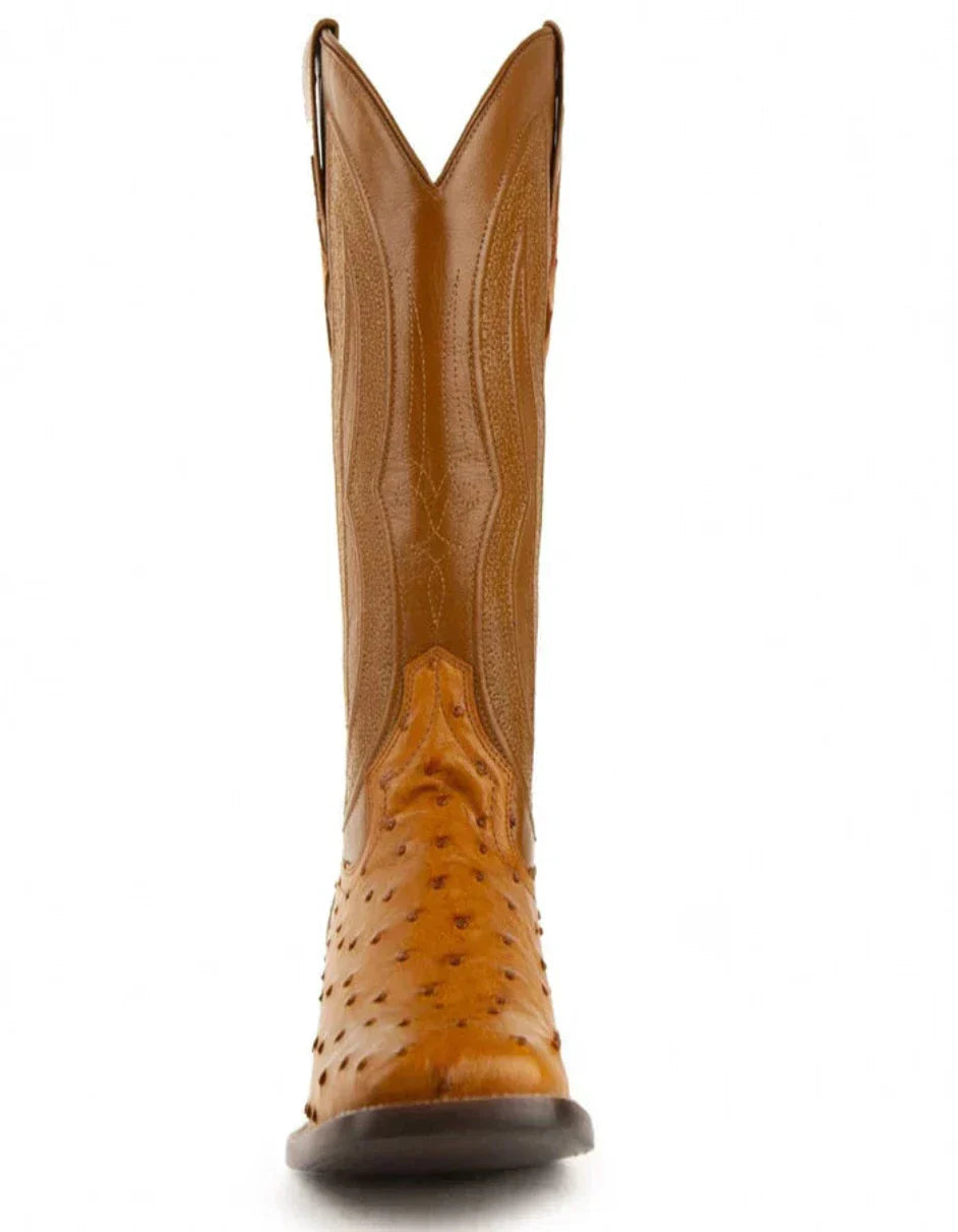 Ferrini Men's Colt Full Quill Ostrich Square Toe Boots Handcrafted - Cognac