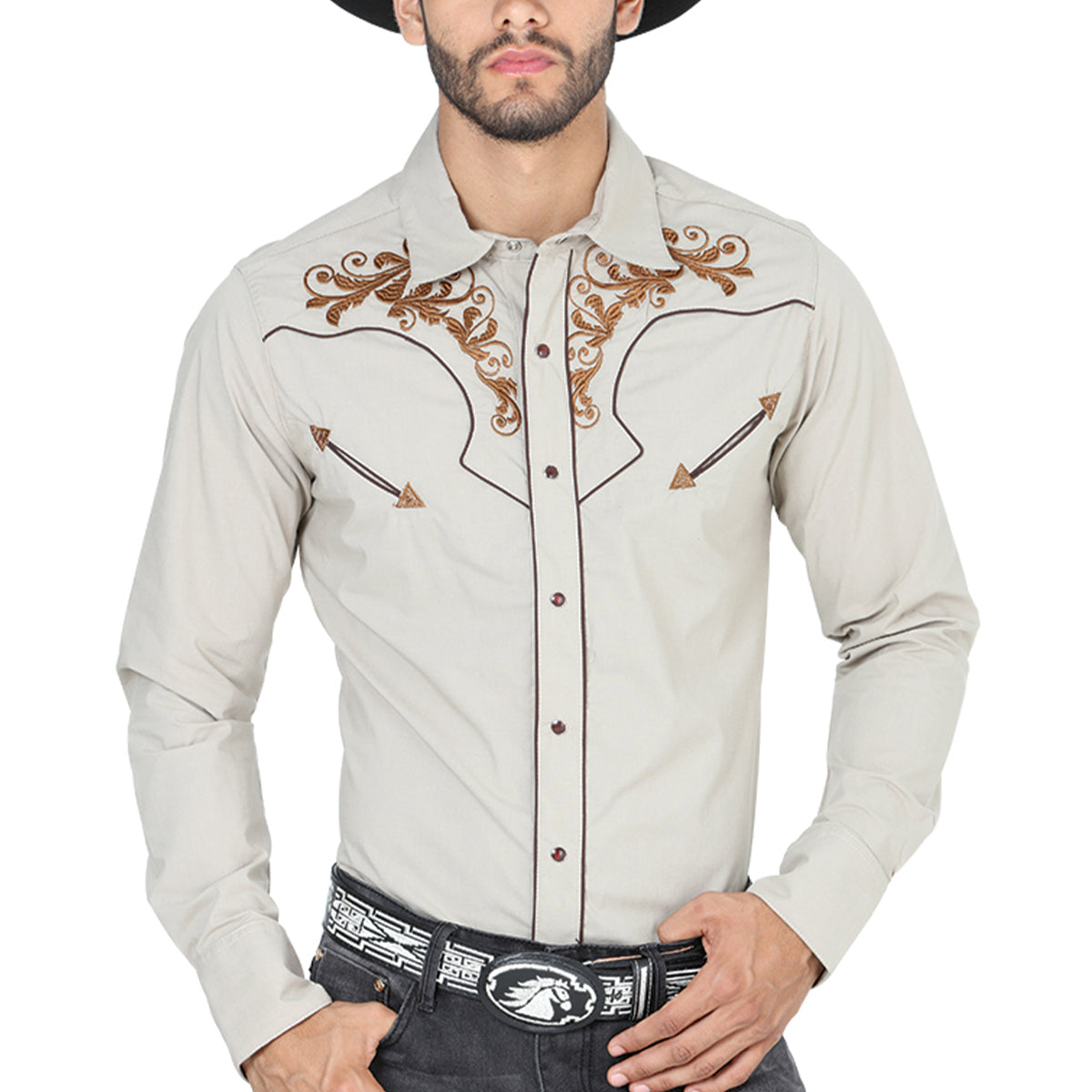 Embroidered Khaki Western Shirts