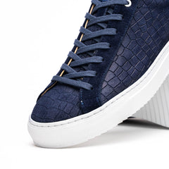 Zelli Kobe Luxury Sneaker in Navy Crocodile-Embossed Suede