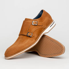 Zelli Legerra Contemporary Suede Monk Strap Dress Shoes in Cognac