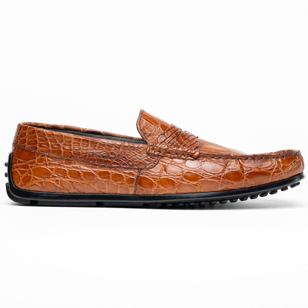 Zelli Monza Genuine Caiman Crocodile Driving Loafers in Cognac