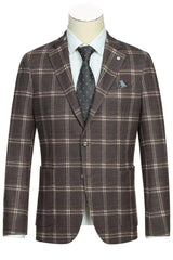 Pelago Men's Slim Cotton Blazer in Brown Windowpane Plaid - Half Canvas, Patch Pockets - Elegant Mensattire
