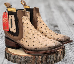 Men's Quincy Ostrich Print Leather Square Toe Ankle Boots