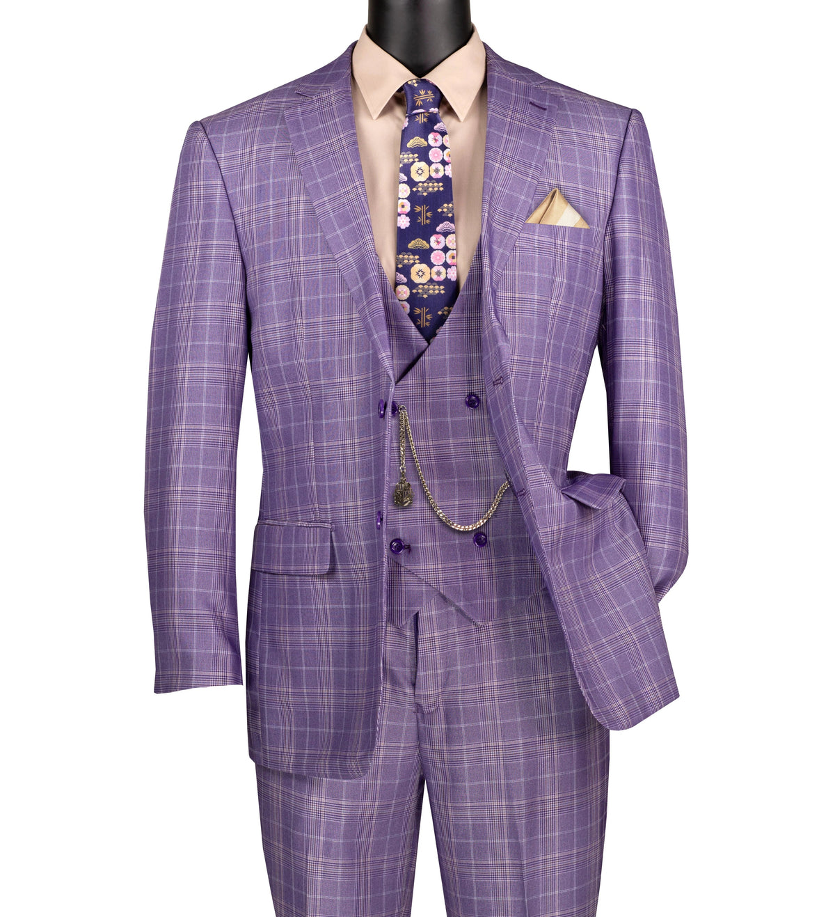 Regular Fit Light Purple Glen Plaid Three-Piece Suit 