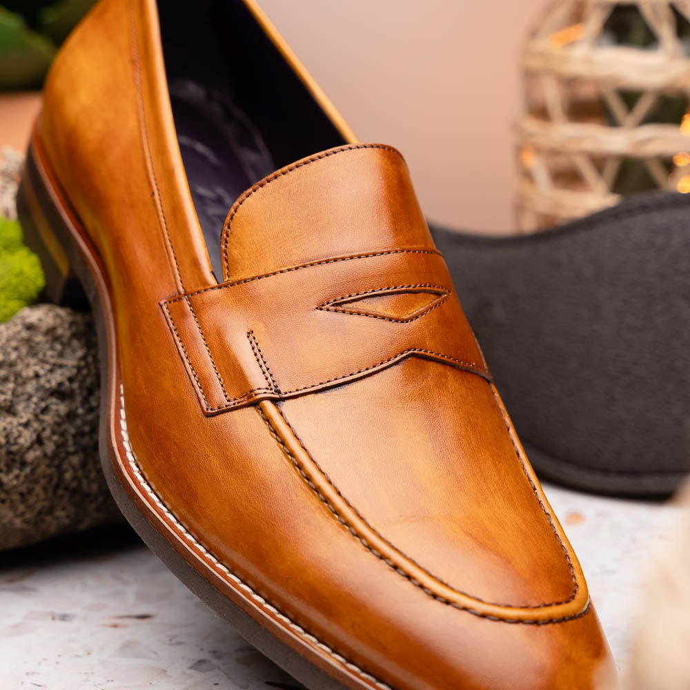 Zelli Roma Hand-Burnished Calfskin Penny Loafers in Camel
