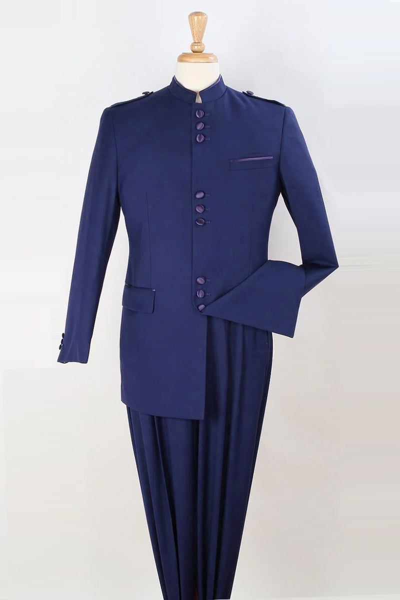Apollo King Navy Mandarin Collar Safari Suit