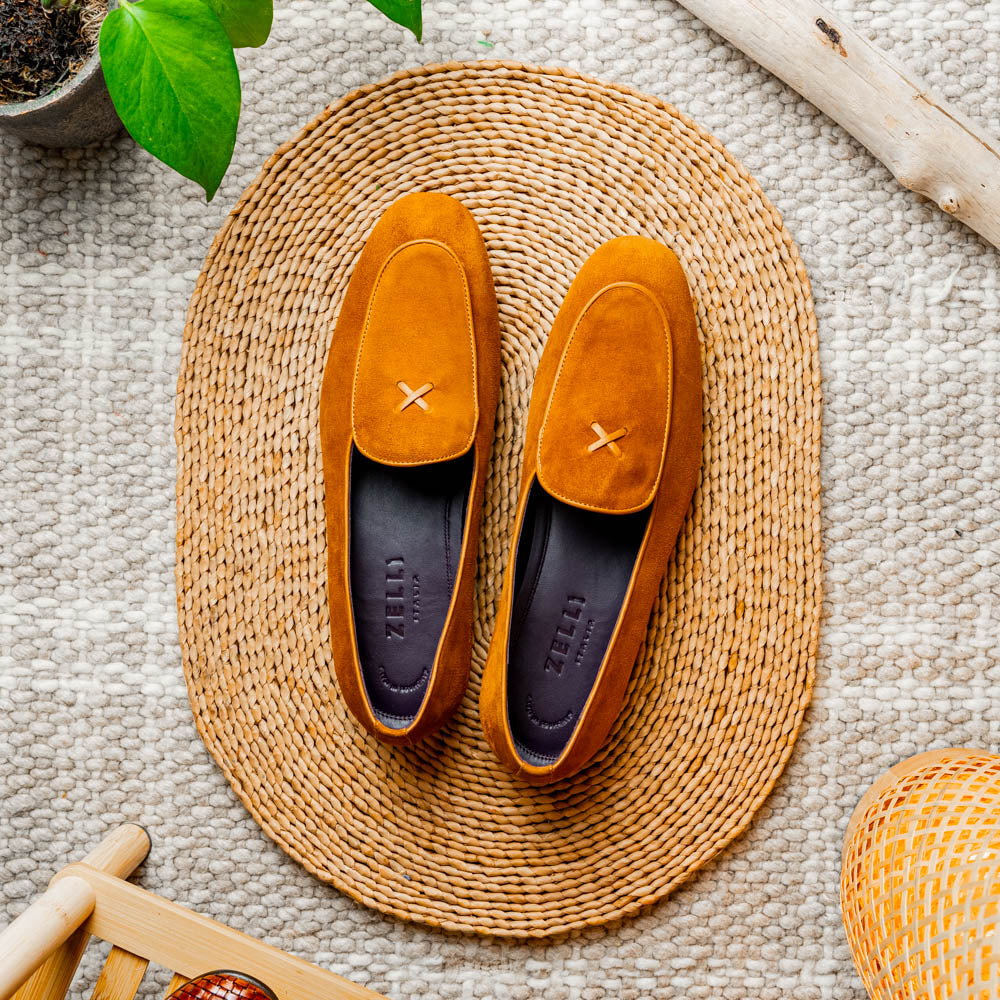 Zelli Sueded Goatskin Loafer with Crocodile Vamp in Cognac
