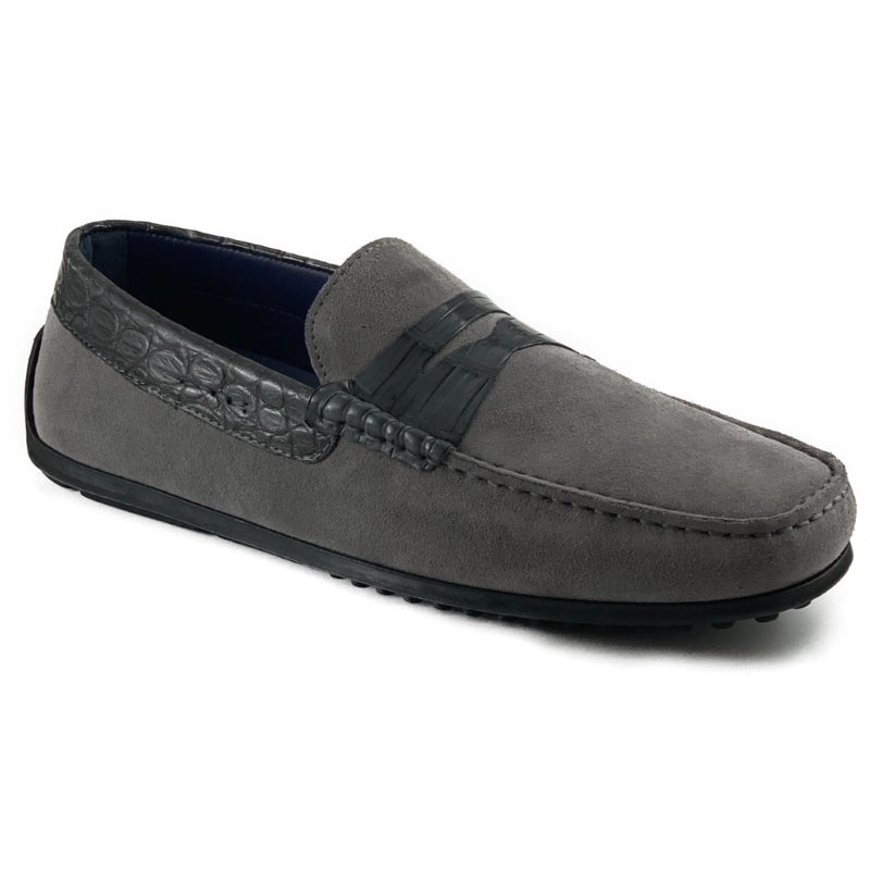 Zelli Monza Suede and Caiman Crocodile Driving Loafers in Gray
